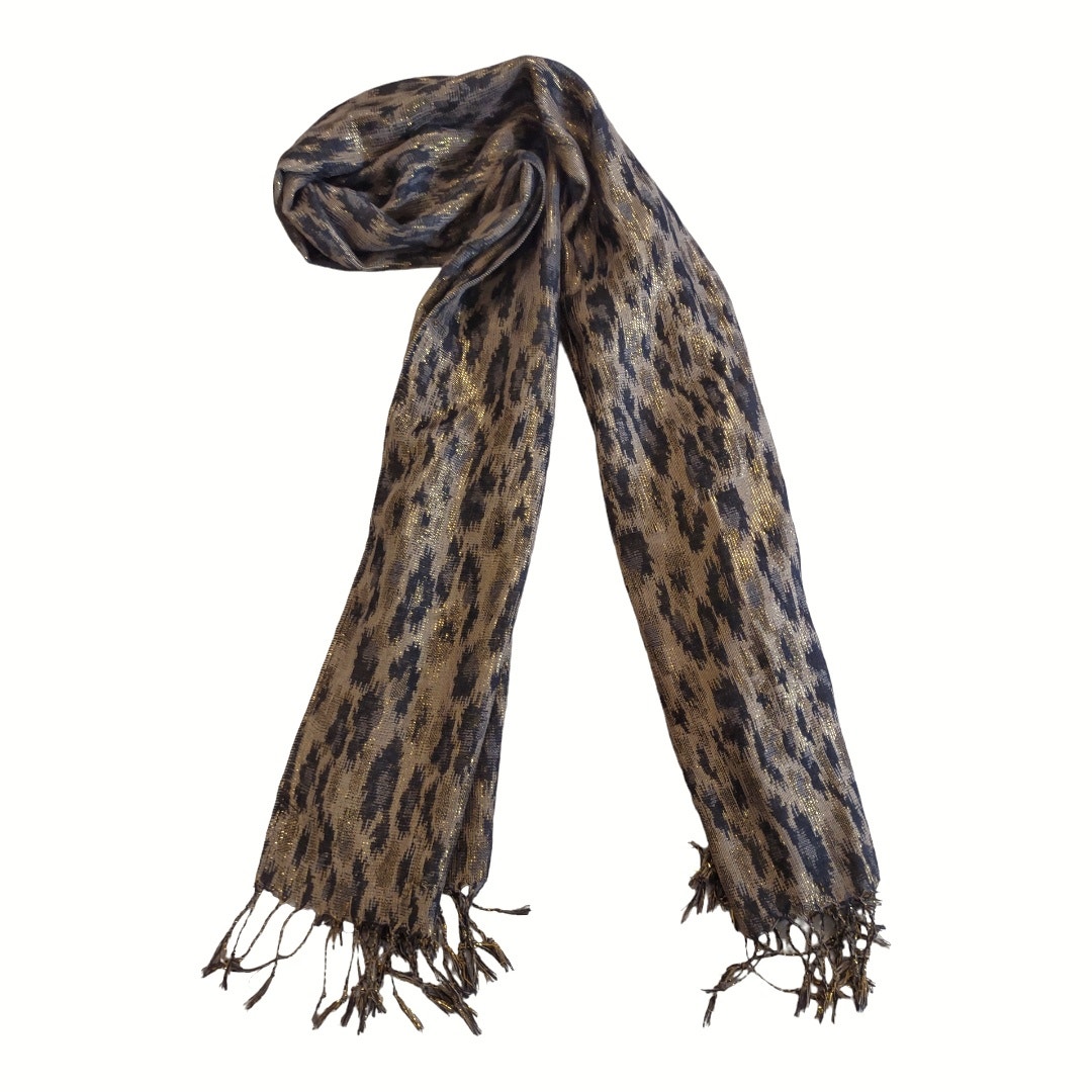 Animal Print Scarf Tan & Black With Gold Metallic Threads Winter Accessories
